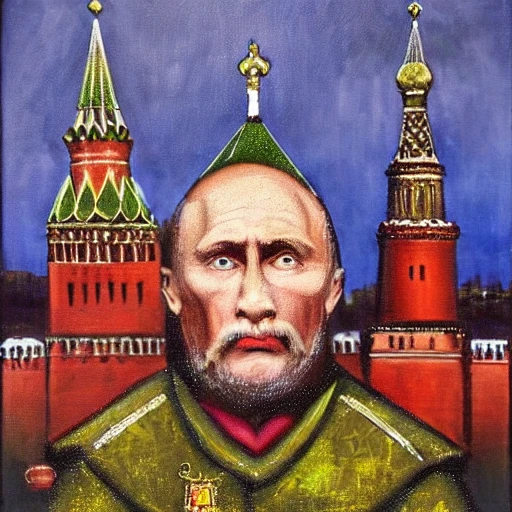 Kremlin, Moscow, Ivan the terrible, Putin face, war, fear, Oil Painting