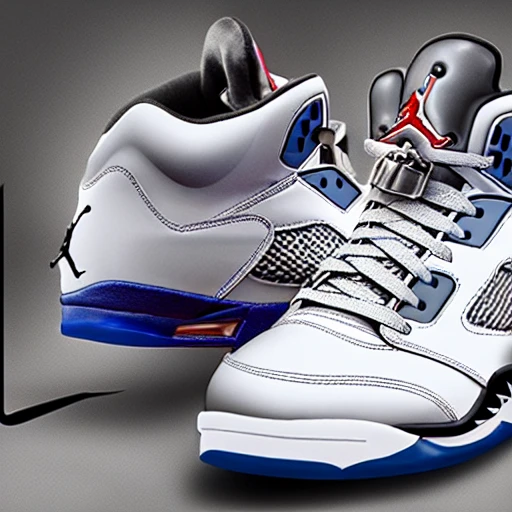 Perfect symmetry, Hyper realistic poster of Nike air Jordan 5 shoes high definition, Detailed and Intricate, Geometric, CGI, PBR, detailed, digital masterpiece, 8k, smooth, [sharp focus], unreal engine 5 rendered, illustration, cinematic lighting, [high octane render], detailed environment], [high key lighting, highly detailed, fine detail, intricate, award - winning, 