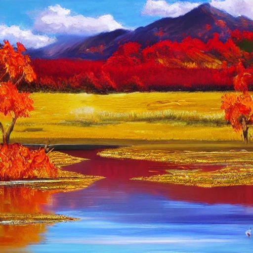 oil painting, mountains, clouds, red-crowned crane, horizon, autumn, trees, yellow leafs, red leafs, maple