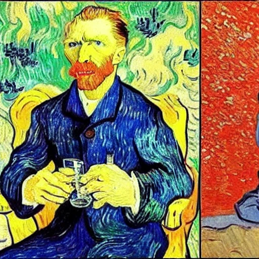 Vincent van Gogh, Putin, sitting in front of the map of Ukraine and drinking vodka