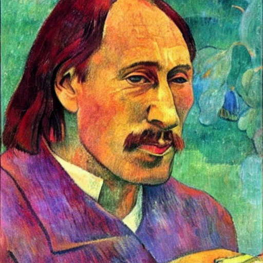 Paul Gauguin, Vladimir Putin face,  looking to the map of Europe 
