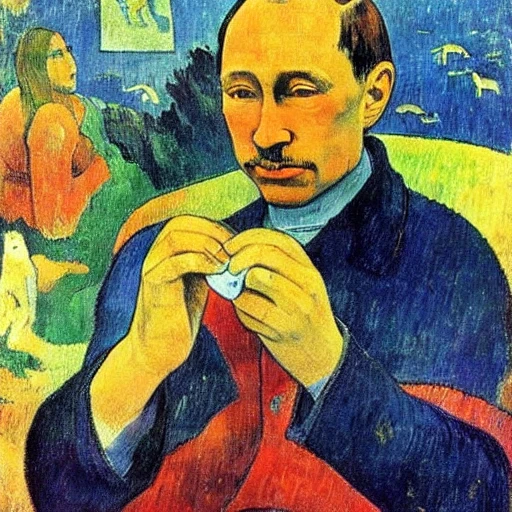 Paul Gauguin, Vladimir Putin face,  looking to the map of Europe, dragon, cute fire place, castle, rain
