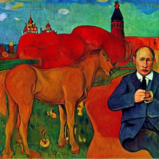 naked Putin on the red horse, ,  Kremlin, Scream
, Oil Painting, mushroom, Paul Gauguin, Edvard Munch, Petrov Vodkin