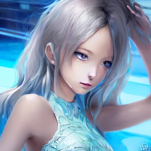 Very detailed, A hyperrealistic portrait concept art of a beautiful anime girl wearing a swimming race suit, sci-fi suit| | kawaii - cute - fine - face, intricate,white hair, elegant, volumetric light, highly detailed. trending on artstation, digital art,pixiv, [[[WLOP]]],pool , 8k wallpaper, {ocean},{{{desert}}},{{{vivid}}},{{{red}}}
