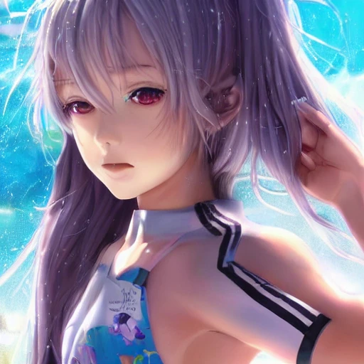 Very detailed, A hyperrealistic portrait concept art of a beautiful anime girl wearing a swimming race suit, sci-fi suit| | kawaii - cute - fine - face, intricate,white hair, elegant, volumetric light, highly detailed. trending on artstation, digital art,pixiv, [[[WLOP]]],pool , 8k wallpaper, {ocean},{{{desert}}},{{{vivid}}}, {{{red}}},unreal engine
