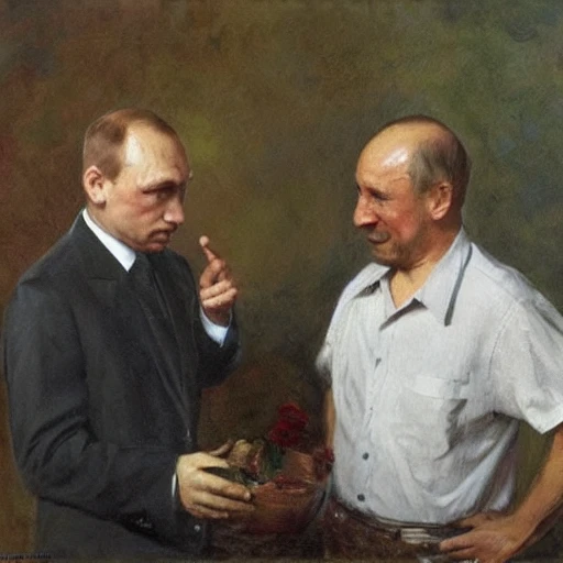 Владимир Путин и Александр Пушкин  пьют чай из самовара на даче , Oil Painting, Ilya Repin