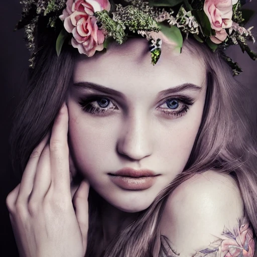 1girl, solo, pretty female, {{beautiful detailed face}}, bride, flower crown, beautiful detailed eyes, looking at viewer, detailed tattoo on body, full body, {{masterpiece}}, best quality, medium shot, ultra detailed, hd, 4k wallpaper, by John Collier