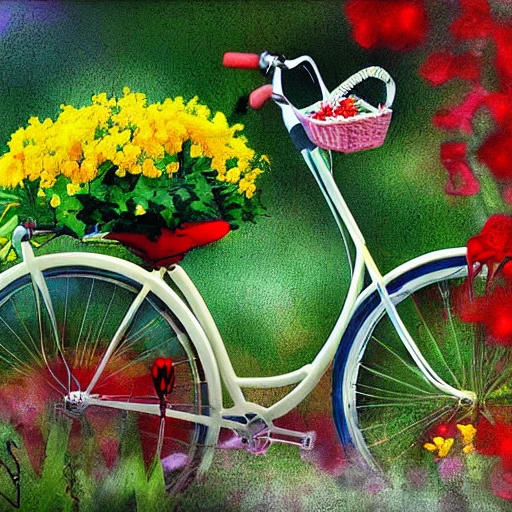 the garden. red flower,yellow flower,white flower,bicycle,water,highly detailed, digital painting