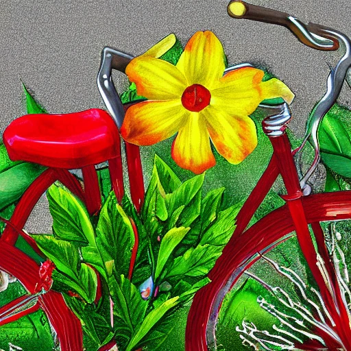 the garden. red flower,yellow flower,white flower,bicycle,water,highly detailed, digital painting