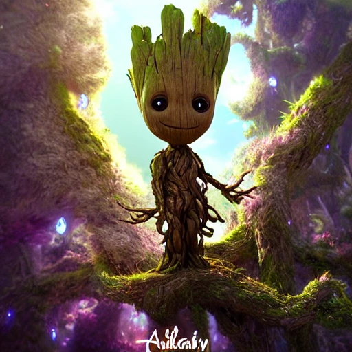 whimsical ultra cute groot in fairytale landscape, pastel colors ...