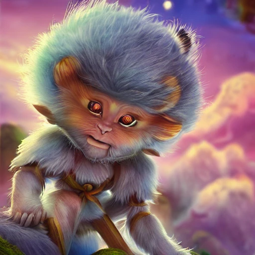 whimsical ultra cute Sun Wukong in fairytale landscape, pastel colors, fluffy fur, intricate details, v-ray, hyper detailed, ultra realistic, symmetrical, hd, 8k, cinematic atmosphere, rays of light, bright vivid colors, 3D, Water Color