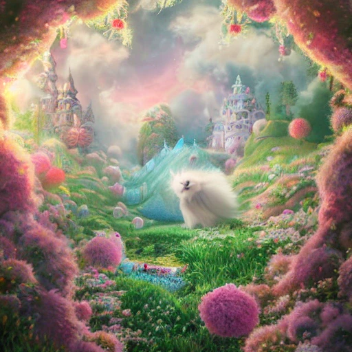 whimsical ultra cute Lin Chi-ling in fairytale landscape, pastel colors, fluffy fur, intricate details, v-ray, hyper detailed, ultra realistic, symmetrical, hd, 2k, cinematic atmosphere, rays of light, bright vivid colors, 3D