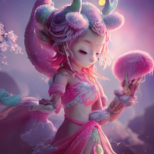 whimsical ultra cute Nezha in fairytale landscape, pastel colors, fluffy fur, intricate details, v-ray, hyper detailed, ultra realistic, symmetrical, hd, 2k, cinematic atmosphere, rays of light, bright vivid colors, 3D