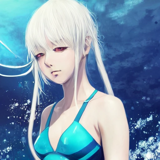 Very detailed, A hyperrealistic portrait concept art of a beautiful anime girl wearing a swimming race suit, sci-fi suit| | kawaii - cute - fine - face, intricate,white hair, elegant, volumetric light, highly detailed. trending on artstation, digital art,pixiv, [[[WLOP]]],pool , 8k wallpaper, {ocean},{{{desert}}},{{{vivid}}}, {{{red}}},unreal engine, Water Color