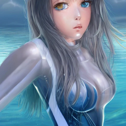 Very detailed, A hyperrealistic portrait concept art of a beautiful anime girl wearing a swimming race suit, sci-fi suit| | kawaii - cute - fine - face, intricate,white hair, elegant, volumetric light, highly detailed. trending on artstation, digital art,pixiv, [[[WLOP]]],pool , 8k wallpaper, {ocean},{{{desert}}},{{{vivid}}}, {{{red}}},unreal engine