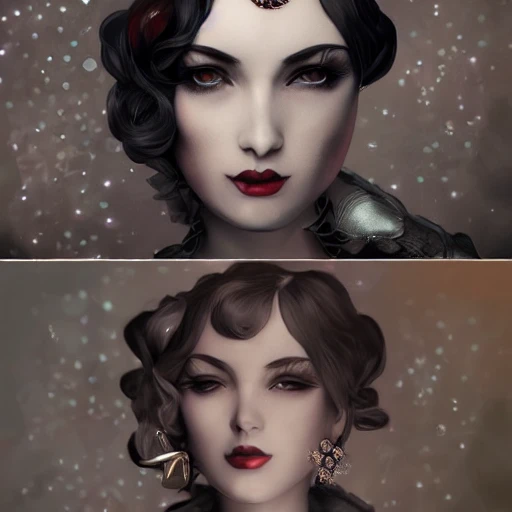 1920s beautiful fashion and charming and dreamlke random girl with lv jewelry, medium shot, art by artgerm & ross tran & wlop, hyperdetailed, 8 k realistic, symmetrical, frostbite 3 engine, cryengine, dof, trending on artstation, digital art , Water Color