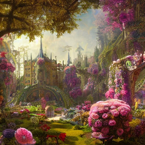 a beautiful and highly detailed matte painting of a beautiful dream palace in a magical fantasy forest garden, colorful flowers, psychedelic, epic scale, insanely complex, hyperdetailed, sharp focus, hyperrealism, artstation, cgsociety, 8 k, bright colors, by caspar friedrich, albert bierstadt, james gurney, brian froud, 