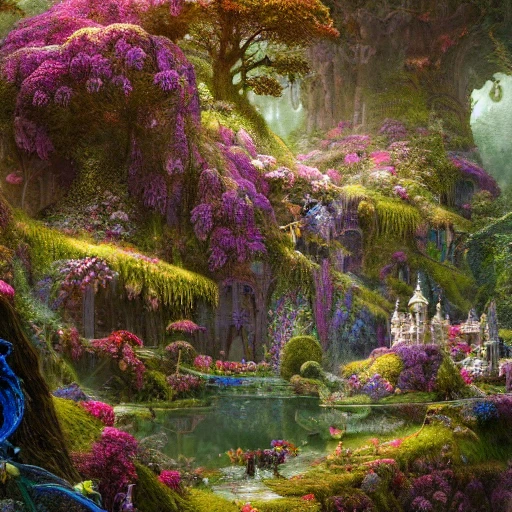 a beautiful and highly detailed matte painting of a beautiful dream palace in a magical fantasy forest garden, colorful flowers, psychedelic, epic scale, insanely complex, hyperdetailed, sharp focus, hyperrealism, artstation, cgsociety, 8 k, bright colors, by caspar friedrich, albert bierstadt, james gurney, brian froud, 