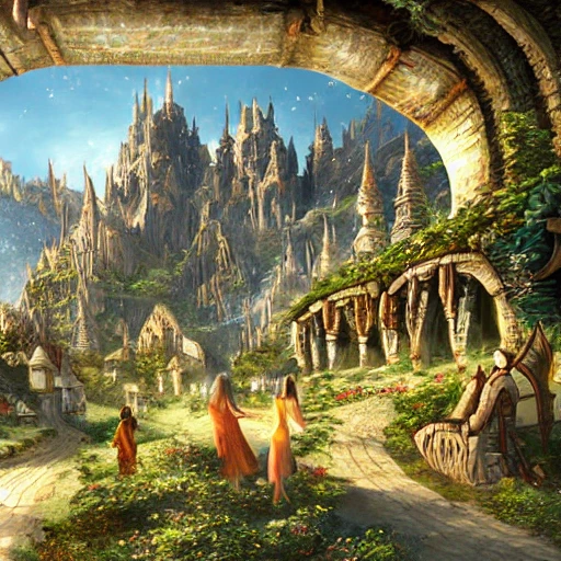 elven city in the mountains, elegant, sunny, impressive, high-detail, digital art
