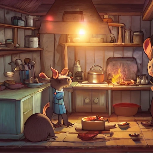 cottagecore illustration of rats cooking tasty dinner in French kitchen, studio Ghibli, Pixar and Disney animation, sharp, rendered in Unreal Engine 5, anime key art by Loish Van Baarle, dramatic, lighting, bloom, sunrise