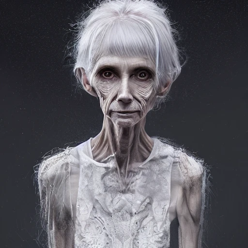 Very detailed, A hyperrealistic portrait concept art of a beautiful elderly skinny anorexia heroin abused woman wearing a shabby top, sci-fi top| | kawaii - horror - fine - face, intricate,white hair, elegant, volumetric light, highly detailed. trending on artstation, digital art,pixiv, [[[WLOP]]],pool , 8k wallpaper, {sewer pipe},{{{lost place}}},{{{vivid}}},{{{red}}}
