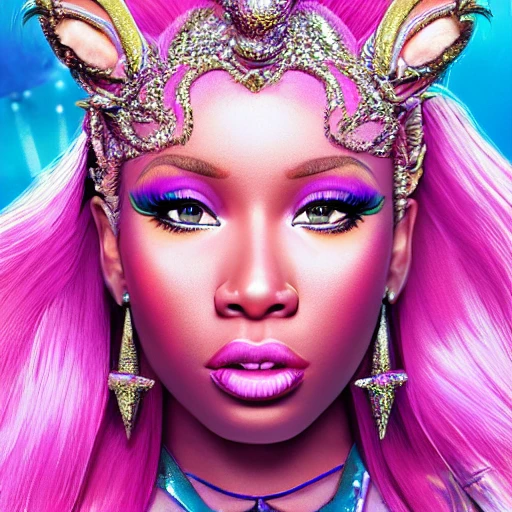 hyper realistic poster of Nicki Minaj as unicorn goddess high definition, Detailed and Intricate, Geometric, CGI, PBR, detailed, digital masterpiece, 8k, smooth, [sharp focus], unreal engine 5 rendered, illustration, cinematic lighting, [high octane render], detailed environment], [high key lighting, highly detailed, fine detail, intricate, award - winning, {high definition anatomy}, 3D
