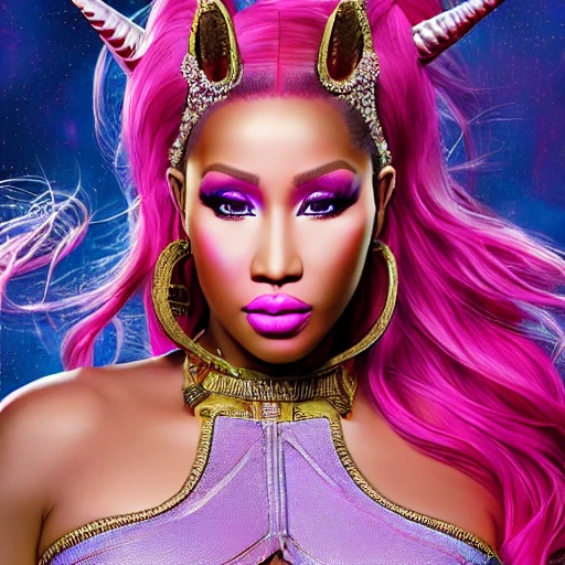 hyper realistic poster of Nicki Minaj as unicorn goddess high definition, Detailed and Intricate, Geometric, CGI, PBR, detailed, digital masterpiece, 8k, smooth, [sharp focus], unreal engine 5 rendered, illustration, cinematic lighting, [high octane render], detailed environment], [high key lighting, highly detailed, fine detail, intricate, award - winning, {high definition anatomy}, 3D
, Trippy, mythical creature 