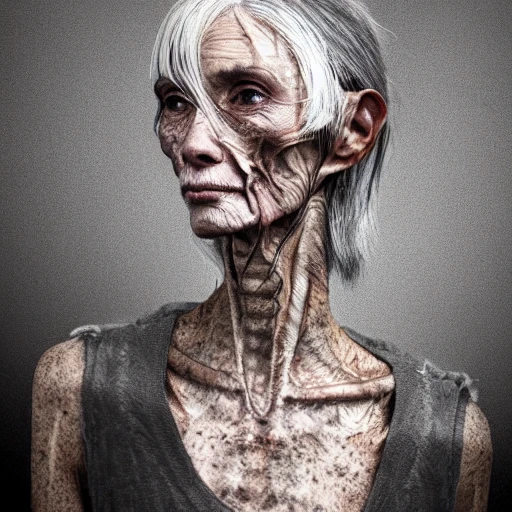 Very detailed, A hyperrealistic portrait concept art of a beautiful asian elderly tall skinny anorexia heroin abused bitch woman wearing a shabby top, cyberpunk, top| | ugly - horror - fine - wrinkled - face, intricate, white hair, long tall neck, big eyes, elegant, volumetric light, highly detailed. trending on artstation, digital art,pixiv, [[[WLOP]]],swamp , 8k wallpaper, {sewer pipe},{{{lost place}}},{{{vivid}}},{{{green}}}
