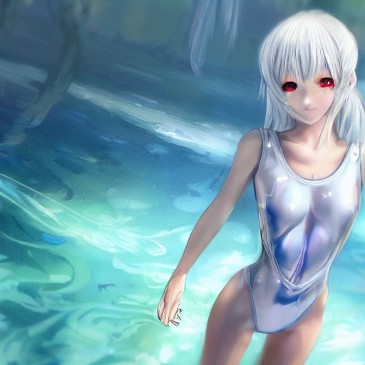 Very detailed, A hyperrealistic portrait concept art of a beautiful anime girl wearing a swimming race suit, sci-fi suit| | kawaii - cute - fine - face, intricate,white hair, elegant, volumetric light, highly detailed. trending on artstation, digital art,pixiv, [[[WLOP]]],pool , 8k wallpaper, {ocean},{{{desert}}},{{{vivid}}}, {{{red}}}, cinema4d