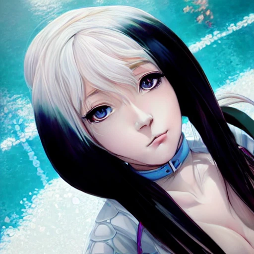 Very detailed, A hyperrealistic portrait concept art of a beautiful anime girl wearing a swimming race suit, sci-fi suit| | kawaii - cute - fine - face, intricate,white hair, elegant, volumetric light, highly detailed. trending on artstation, digital art,pixiv, [[[WLOP]]],pool , 8k wallpaper, {ocean},{{{desert}}},{{{vivid}}}, {{{red}}}, cinema4d, bust up