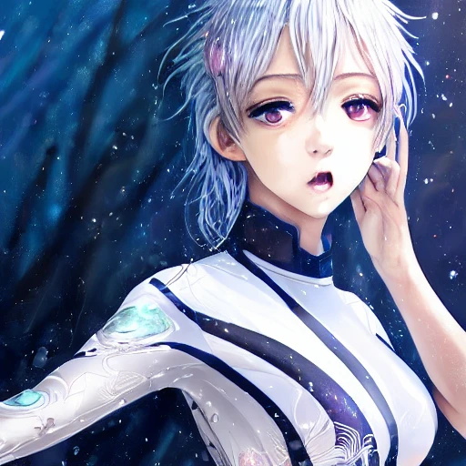 Very detailed, A hyperrealistic portrait concept art of a beautiful anime girl wearing a swimming race suit, sci-fi suit| | kawaii - cute - fine - face, intricate,white hair, elegant, volumetric light, highly detailed. trending on artstation, digital art,pixiv, [[[WLOP]]],pool , 8k wallpaper, {ocean},{{{desert}}},{{{vivid}}}, {{{red}}}, cinema4d, bottom body close up