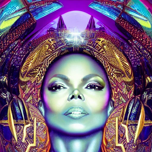 very detailed Hyper realistic 3d photo, of  singer Janet jackson as celestial deity, art deco, very detailed, very realistic, Detailed and Intricate, Geometric, CGI, PBR, by Philippe Druillet, highly detailed, digital masterpiece ,trippy, 8k, smooth, [sharp focus], unreal engine 5 rendered, illustration, cinematic lighting, [high octane render], detailed environment], [high key lighting,  highly detailed, fine detail, intricate, award - winning, fantasy, 3D,