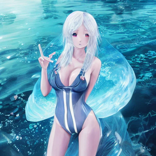 Very detailed, A hyperrealistic portrait concept art of a beautiful anime girl wearing swimsuit, rubber, sci-fi suit| | kawaii - cute - fine - face, intricate, pure white hair, elegant, volumetric light, highly detailed. trending on artstation, digital art,pixiv, [[[WLOP]]],pool , 8k wallpaper, {ocean},{{{desert}}},{{{vivid}}}, {{{red}}}, cinema4d, bottom body close up