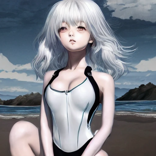 Very detailed, A hyperrealistic portrait concept art of a beautiful anime girl wearing  rubber swimsuit, sci-fi suit| | kawaii - cute - fine - face, intricate, pure white hair, elegant, volumetric light, highly detailed. trending on artstation, digital art,pixiv, [[[WLOP]]],pool , 8k wallpaper, {ocean},{{{desert}}},{{{vivid}}}, {{{red}}}, cinema4d, bottom body close up, pan up