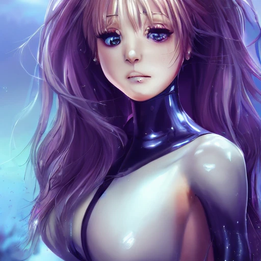 Very detailed, A hyperrealistic portrait concept art of a beautiful anime girl wearing  rubber swimsuit, sci-fi suit| | kawaii - cute - fine - face, intricate, pure white hair, elegant, volumetric light, highly detailed. trending on artstation, digital art,pixiv, [[[WLOP]]],pool , 8k wallpaper, {ocean},{{{desert}}},{{{vivid}}}, {{{red}}}, cinema4d, bottom body close up, pan up, pastel color