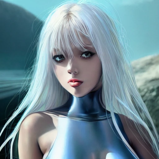 Very detailed, A {{hyperrealistic}} portrait concept art of a beautiful anime girl wearing  rubber swimsuit, sci-fi suit, white hair,slender body ,fine face, intricate, elegant, volumetric light, highly detailed. trending on artstation, digital art, [[[WLOP]]] , 8k wallpaper, {ocean},{{desert}},{vivid}, {{red}}, bottom body close up, full body, {pastel color}, japanese kawaii, beautiful skin, full body