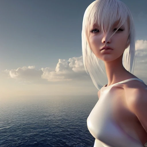 Very detailed, A {{hyperrealistic}} portrait of a beautiful anime girl wearing  rubber swimsuit, sci-fi suit, white hair,slender body ,fine face, intricate, elegant, volumetric light, highly detailed. trending on artstation, digital art, [[[WLOP]]] , 8k wallpaper, {ocean},{{desert}},{vivid}, {{red}}, bottom body close up, full body, {pastel color}, japanese kawaii, beautiful skin, full body