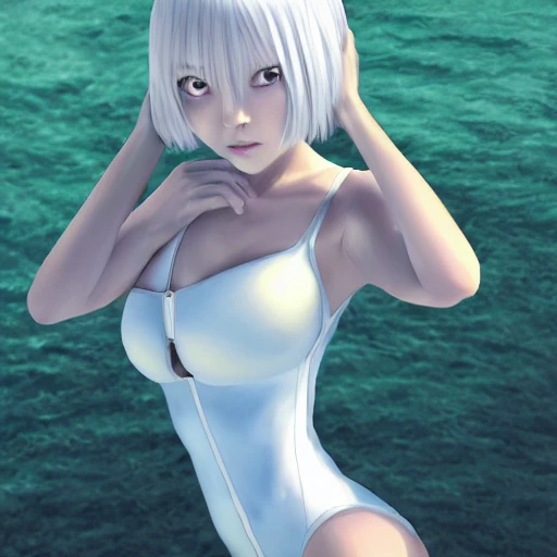 Very detailed, A {{hyperrealistic}} portrait of a beautiful anime girl wearing  rubber swimsuit, sci-fi suit, bob short white hair, japanese kawaii, slender body ,fine face, intricate, elegant, volumetric light, highly detailed. trending on artstation, digital art, [[[WLOP]]] , 8k wallpaper, {ocean},desert,{vivid}, {red}, bottom body close up, full body, {pastel color}, beautiful skin, full body