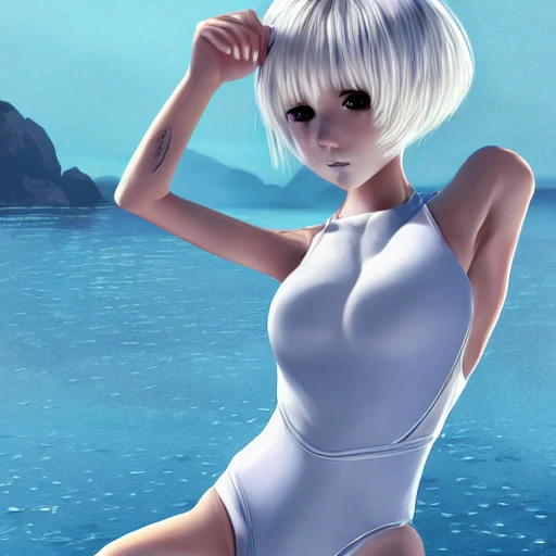 Very detailed, A {{hyperrealistic}} portrait of a beautiful anime girl wearing  rubber swimsuit, sci-fi suit, bob short white hair, japanese kawaii, slender body ,fine face, intricate, elegant, volumetric light, highly detailed. trending on artstation, digital art, [[[WLOP]]] , 8k wallpaper, {ocean}, indoor,{vivid}, {red}, bottom body close up, full body, {pastel color}, beautiful skin