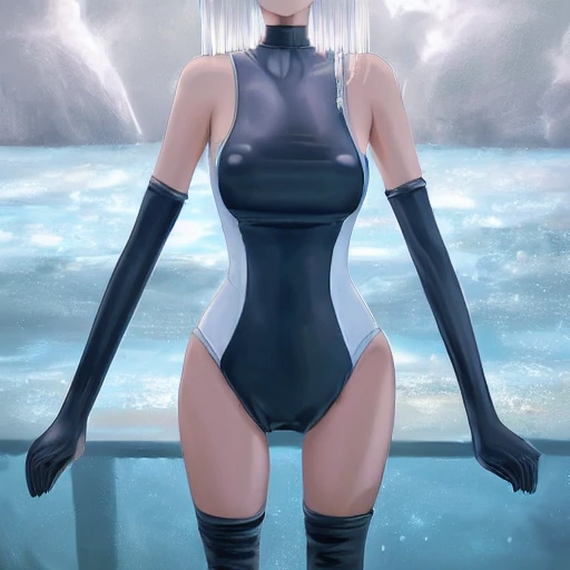 Very detailed, A {{hyperrealistic}} portrait of a beautiful anime girl wearing  rubber swimsuit, sci-fi suit, bob short white hair, japanese kawaii, slender body ,fine face, intricate, elegant, volumetric light, highly detailed. trending on artstation, digital art, [[[WLOP]]] , 8k wallpaper, {{ocean}}, indoor, vivid, {red}, bottom body close up, full body, {pastel color}, beautiful skin