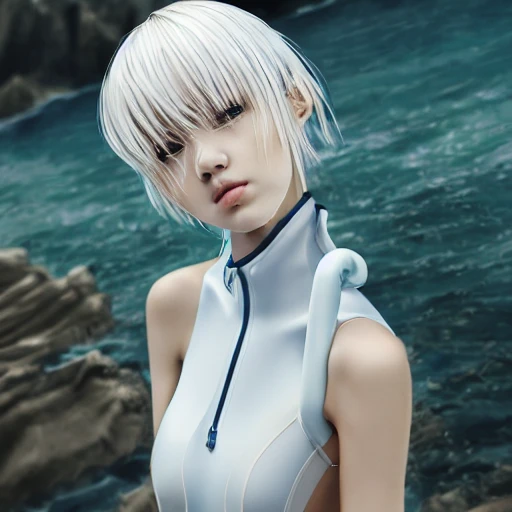 Very detailed, A {{hyperrealistic}} portrait of a beautiful anime girl wearing  rubber swimsuit, sci-fi suit, bob short white hair, japanese kawaii, slender body ,fine face, intricate, elegant, volumetric light, highly detailed. trending on artstation, digital art, [[[WLOP]]] , 8k wallpaper, {{ocean}}, indoor, vivid, {red}, bottom body close up, full body, {pastel color}, beautiful skin