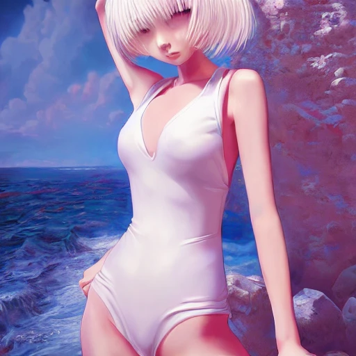 Very detailed, A {{hyperrealistic}} portrait of a beautiful anime girl wearing  rubber swimsuit, sci-fi suit, bob short white hair, japanese kawaii, slender body ,fine face, intricate, elegant, volumetric light, highly detailed. trending on artstation, digital art, [[[WLOP]]] , 8k wallpaper, {{ocean}}, indoor, vivid, {red}, bottom body close up, full body, {pastel color}, beautiful skin