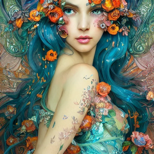  full body portrait sensual stunning fairy princess perfect face with flowing intricate ornate decorated with 🌺🌹 🍊 long dress anna dittmann rossddraws, top models, highly detailed, 8k resolution concept art by Greg Rutkowski dynamic lighting hyperdetailed intricately detailed Splash art trending on Artstation triadic colors Unreal Engine 5 volumetric Alphonse Mucha WLOP Jordan Grimmer orange and teal