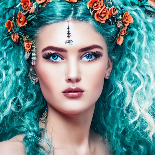 Closeup portrait sensual stunning fairy princess perfect face with flowing intricate ornate decorated with 🌺🌹in long hair long🩸 dress💃 🧡 and teal 💐