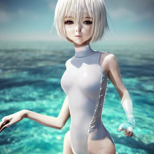 Very detailed, A {{hyperrealistic}} portrait of a beautiful anime girl wearing  rubber swimsuit, sci-fi suit, bob short white hair, japanese kawaii, slender, beautiful abs, fine face, intricate, elegant, volumetric light, highly detailed,bottom body close up, trending on artstation, digital art, [[[WLOP]]] , 8k wallpaper, indoor shot, vivid, {red}, full body, {pastel color}, beautiful skin, two arms