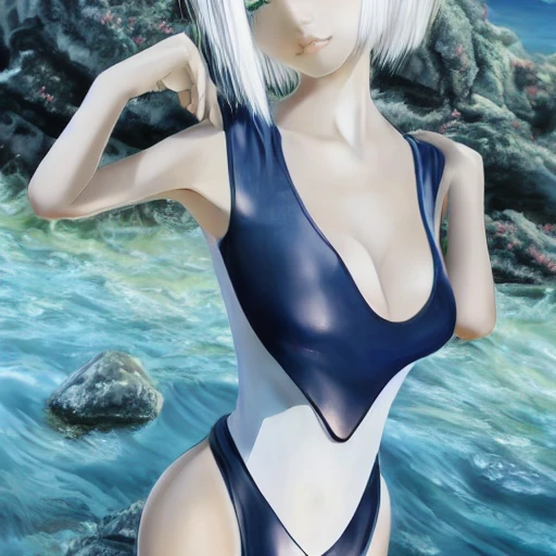 Very detailed, A {{hyperrealistic}} portrait of a beautiful anime girl wearing  rubber swimsuit, sci-fi suit, bob short white hair, japanese kawaii, slender body ,fine face, intricate, elegant, volumetric light, highly detailed. trending on artstation, digital art, [[[WLOP]]] , 8k wallpaper, {{ocean}}, indoor, vivid, {red}, bottom body close up, full body, {pastel color}, beautiful skin