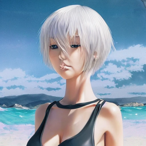 Very detailed, A {{hyperrealistic}} portrait of a beautiful anime girl wearing  rubber swimsuit, sci-fi suit, bob short white hair, japanese kawaii, slender body ,fine face, intricate, elegant, volumetric light, highly detailed. trending on artstation, digital art, [[[WLOP]]] , 8k wallpaper, {{ocean}}, indoor, vivid, {red}, bottom body close up, full body, {pastel color}, beautiful skin