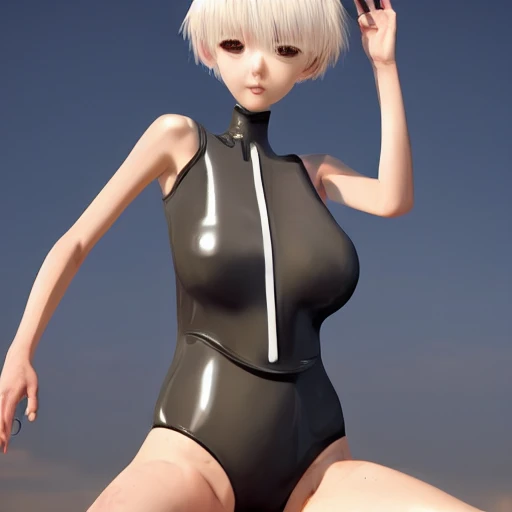 Very detailed, A {{hyperrealistic}} portrait of a beautiful anime girl wearing  rubber swimsuit, sci-fi suit, bob short white hair, japanese kawaii, slender body ,fine face, intricate, elegant, volumetric light, highly detailed. trending on artstation, digital art, [[[WLOP]]] , 8k wallpaper, {{dinamic ocean}}, indoor, vivid, {red}, bottom body close up, full body, {pastel color}, beautiful skin