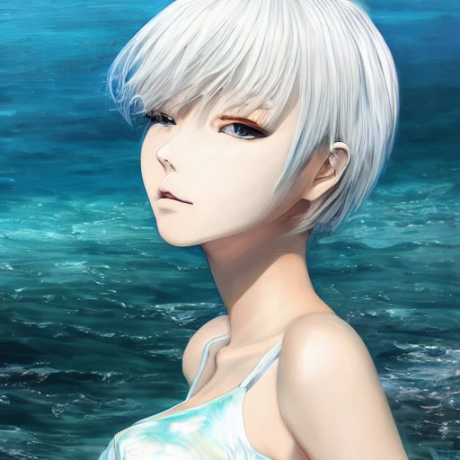 Very detailed, A {{hyperrealistic}} portrait of a beautiful anime girl wearing  rubber swimsuit, sci-fi suit, bob short white hair, japanese kawaii, slender body ,fine face, intricate, elegant, volumetric light, highly detailed. trending on artstation, digital art, [[[WLOP]]] , 8k wallpaper, dinamic ocean background, vivid, {red}, bottom body close up, , {pastel color}, beautiful skin