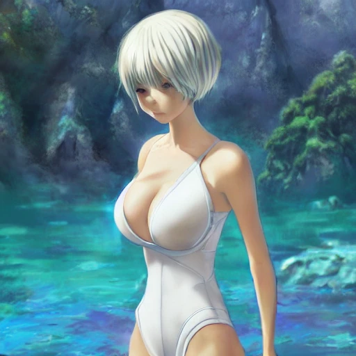 Very detailed, A {{hyperrealistic}} portrait of a beautiful anime girl wearing  rubber swimsuit, sci-fi suit, bob short white hair, japanese kawaii, slender body ,fine face, intricate, elegant, volumetric light, highly detailed. trending on artstation, digital art, [[[WLOP]]] , 8k wallpaper, dinamic ocean background, vivid, {red}, bottom body close up, , {pastel color}, beautiful skin